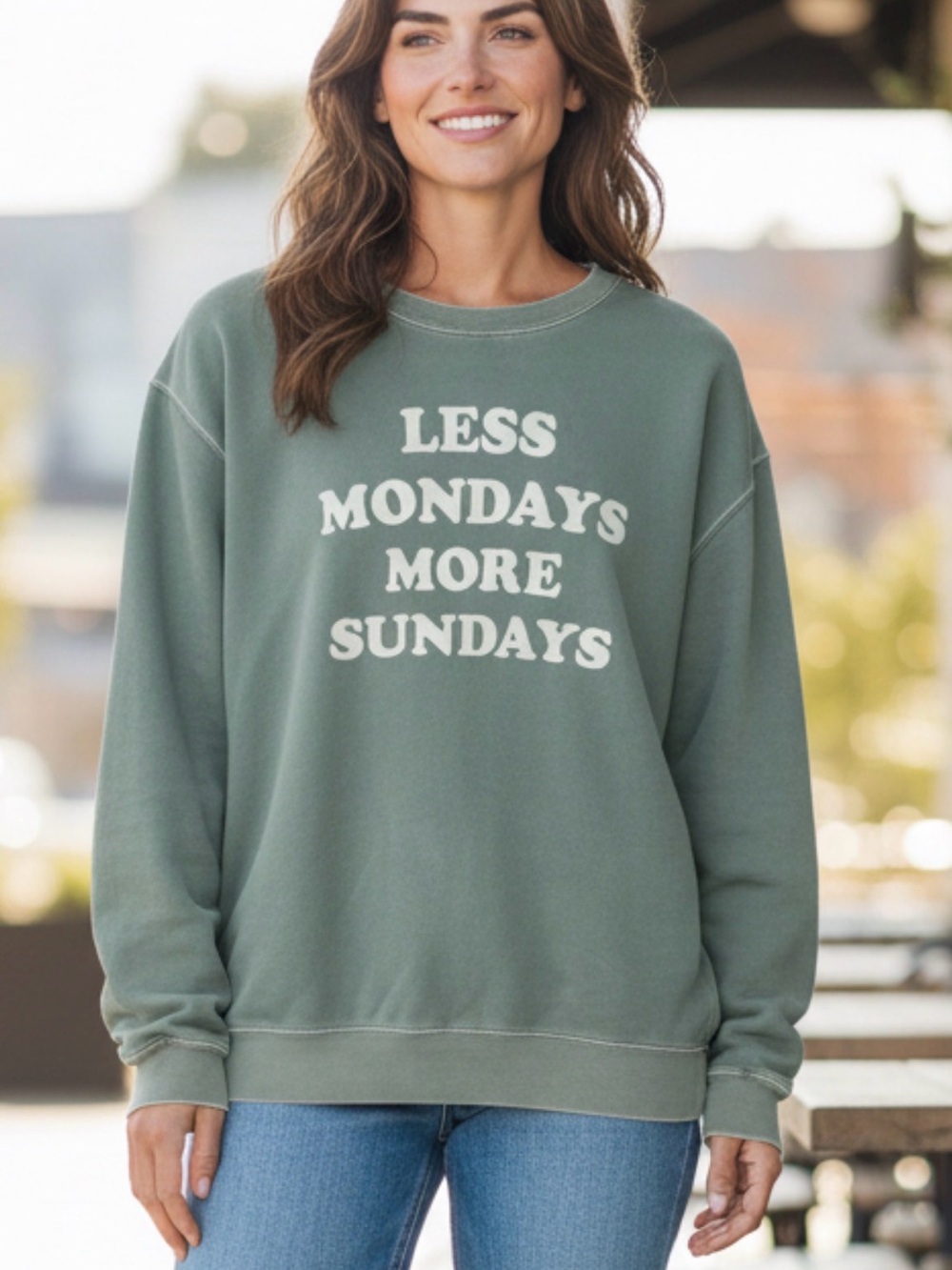 Relaxed Green 'Less Mondays More Sundays' Crewneck Sweatshirt